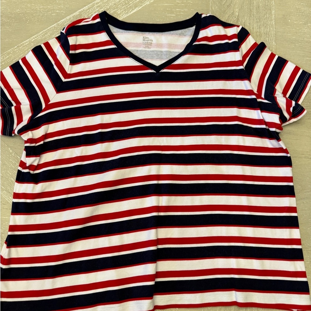 Kim Rogers Red, Navy & White Striped V-Neck Tee